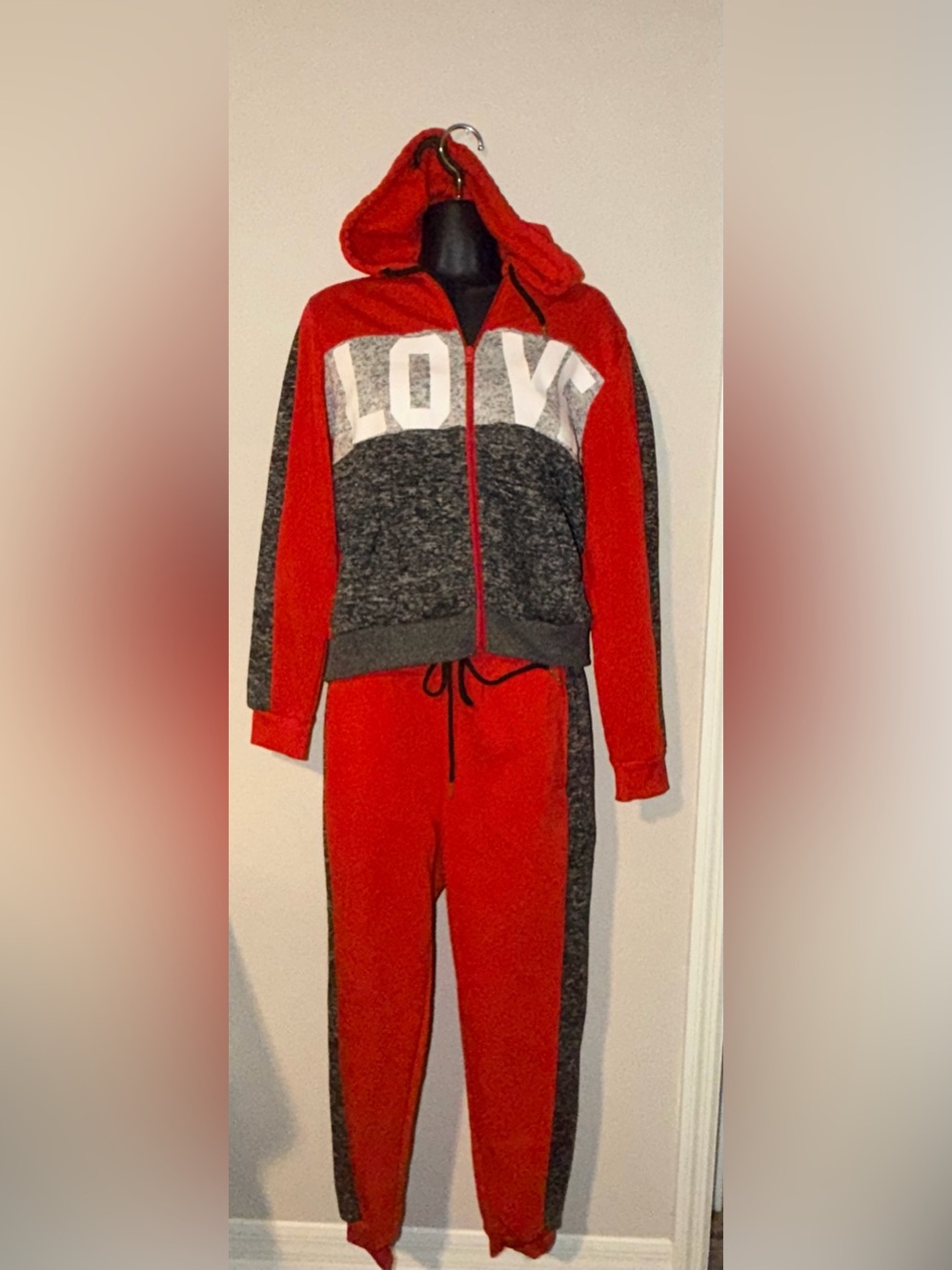 New Look LOVE Colorblock Full Zip Hoodie Red Gray Women’s Large